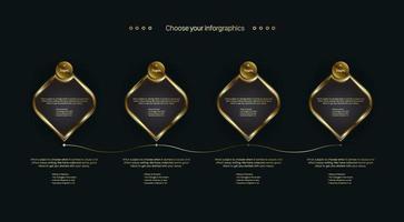 os gráficos de botões de negócios dourados com quatro design de infográficos de gráfico de processo de linha do tempo no modelo de fundo escuro. vetor, ilustração vetor
