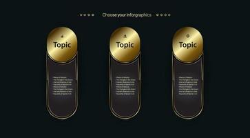 três passos dourados botões web design em fundo escuro, 3 infográficos gráficos premium design em fundo escuro, vetor, ilustração vetor
