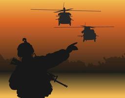 as silhuetas de 2 helicópteros voando com os soldados vetor