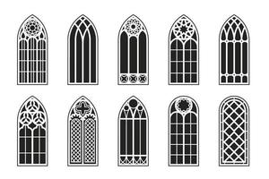 conjunto de contorno do windows gótico. silhueta de quadros de igreja de vitrais vintage. elemento da arquitetura tradicional europeia. ilustração vetorial vetor