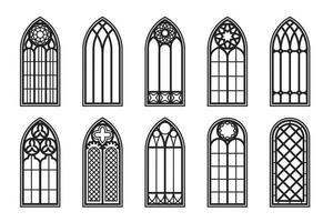 conjunto de contorno do windows gótico. silhueta de quadros de igreja de vitrais vintage. elemento da arquitetura tradicional europeia. ilustração vetorial