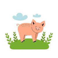 lindo porco rosa fica em um prado. animais de fazenda dos desenhos animados, agricultura, rústica. ilustração em vetor simples plana sobre fundo branco com nuvens azuis e grama verde.