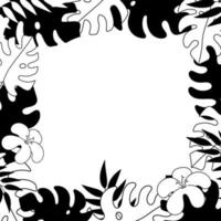 moldura quadrada preta simples com folhas de monstera. ornamento floral, silhueta de folhas em um fundo branco decoração de casamento, gravura, plantas tropicais ilustração vetorial isolada