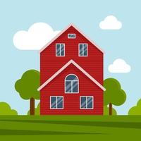 casa de fazenda em um prado verde, construção agrícola. ilustração vetorial plana em um fundo de céu azul com nuvens