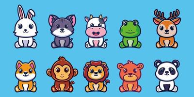 conjunto de design de personagens de desenhos animados de animais sentados fofos vetor