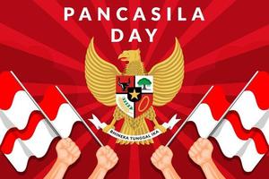 cartaz de banner de ilustração plana de dia de pancasila com a mão segurando a bandeira da indonésia vetor