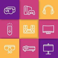 conjunto de ícones de linha de sistema de entretenimento doméstico, projetor multimídia, 3d, tv curva, alto-falantes de áudio, óculos de realidade virtual, console de jogos vetor