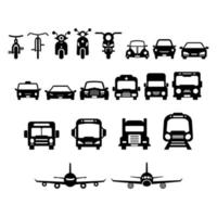conjunto de ícones de transporte de vista frontal preto e branco vetor