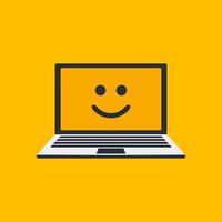 emoji amarelo sorrindo na ilustração vetorial de tela do laptop. dia mundial do sorriso 6 de outubro. caderno isolado em fundo amarelo vetor