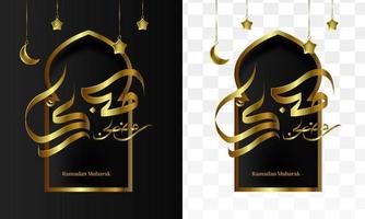 caligrafia de ramadan mubarak de ouro transparente. letras elegantes, caligrafia vetorial isolada de luxo vetor