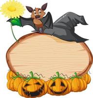 tabuleta de madeira oval em branco com morcego no tema de halloween vetor