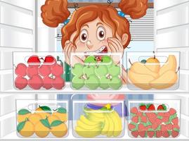 menina procurando alimentos na geladeira vetor