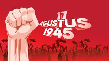 17 de agosto. indonésia feliz dia da independência cartão com as mãos cerradas, símbolo do espírito da liberdade. use para banner e plano de fundo. - vetor