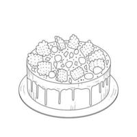 bolo decorado com biscoitos. esboço, contorno em fundo branco. sobremesa para o design da pastelaria. vetor