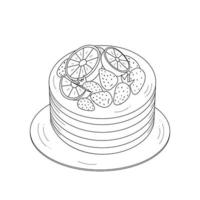 bolo decorado com frutas. esboço, contorno em fundo branco. sobremesa para o design da pastelaria. vetor