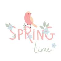 cartão de tempo de primavera com pássaro. ilustração desenhada à mão infantil com texto. vetor plano simples.