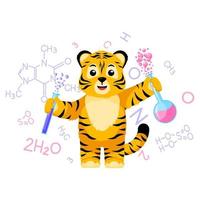 pequeno cientista tigre com fórmula isolada. personagem de desenho animado tigre listrado professor de química. vetor