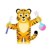 pequeno cientista tigre isolado. personagem bonito desenho animado tigre listrado professor de química. vetor