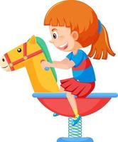 garota dos desenhos animados, montando o cavalo de balanço da primavera