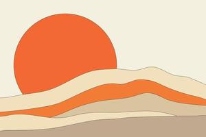 ilustração de arte de linha plana de paisagem de alívio. superfície decorativa vívida na moda com montanha em camadas de desenho animado e conceito de design de fundo de sol laranja grande vetor