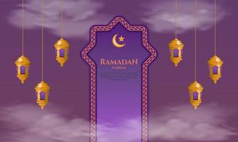 fundo roxo do céu nublado do ramadan kareem com portão da mesquita e lâmpadas penduradas douradas vetor