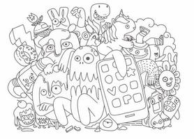 grupo de monstros fofos, conjunto de monstros fofos engraçados, alienígenas ou animais de fantasia para cartão ou camisetas. ilustração em vetor de desenhos animados de arte de linha desenhada à mão