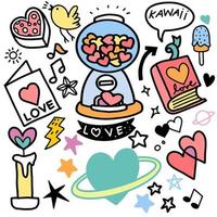 amor, ilustração vetorial de doodle fofo para criança, conjunto desenhado à mão de rabiscos fofos para decoração em fundo branco, doodle engraçado desenhado à mão