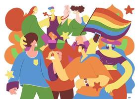 uma multidão marchando em uma parada do orgulho. uma tendência que envolve um conjunto diversificado de pessoas, uma ilustração vetorial de um doodle vetor