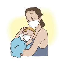 bebê e mãe usam máscaras para se proteger do vírus corona. ilustração de coronavírus de wuhan ilustração de pneumonia de wuhan vetor