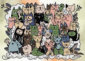 gatos doodle enfrenta fundo colorido, vetor de desenho à mão, rabiscos de estilo de personagens de gato