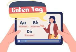 aluno aprende alemão com professor profissional on-line caracteres de vetor de cores semi planas