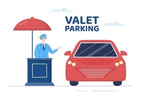 estacionamento com manobrista com imagem de bilhete e vários carros no estacionamento público em ilustração de desenho animado de fundo plano