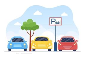 estacionamento com manobrista com imagem de bilhete e vários carros no estacionamento público em ilustração de desenho animado de fundo plano