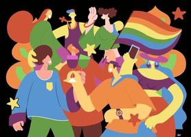 uma multidão marchando em uma parada do orgulho. uma tendência que envolve um conjunto diversificado de pessoas, uma ilustração vetorial de um doodle vetor