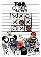 doodle de ilustração vetorial de pensar fora do conceito de caixa com monstro fofo, imaginação, solução inteligente, criatividade e brainstorm