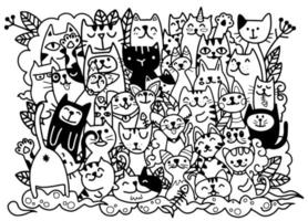 gatos doodle preto e branco enfrenta o fundo, vetor de desenho à mão