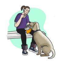 uma imagem de um homem alimentando seu cachorro com comida. jovem hipster