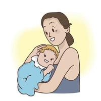 mãe abraçando com seu bebê, estilo desenhado à mão, ilustrações de design minimalista doodle vetor
