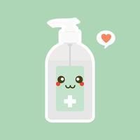 desinfecção fofa e kawaii ou e garrafa de desinfetante, gel de lavagem. ilustração vetorial adequada para higiene, desinfecção, vida médica, limpa, antivírus, bactérias, cuidados de saúde, propagação de doenças, germes vetor