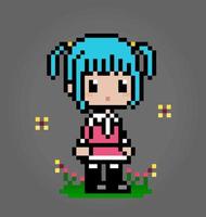 8 bits de personagem feminina de pixel. menina dos desenhos animados de anime em ilustrações vetoriais para ativos de jogos ou padrões de ponto de cruz. vetor