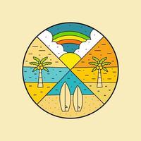 design de coco de praia de verão e prancha de surf para emblema de emblema de remendo design de camiseta de arte gráfica vetorial vetor