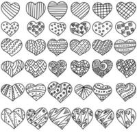 conjunto de corações de doodle de contorno com padrões zen lineares simples, página para colorir anti-stress com dia dos namorados, vetor