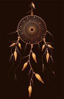 apanhador de sonhos com ornamento de mandala e penas de pássaros. símbolo místico de ouro, arte étnica com design boho indiano nativo americano, vetor isolado em fundo preto vintage antigo