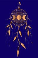 Dreamcatcher mandala ornamento fases da lua e penas de pássaros. símbolo místico de ouro, arte étnica com design boho indiano nativo americano, vetor isolado em fundo azul escuro