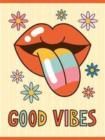 cartaz de vetor hippie dos anos 70. impressão groovy retrô. ilustração dos desenhos animados com flores de margarida e lábios com língua de arco-íris saliente.