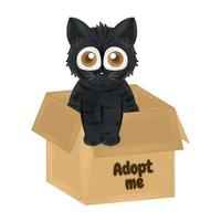 feliz gato preto em uma caixa vetor de adoção de animais de estimação