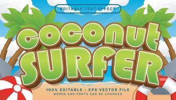 efeito de texto 3d de surfista de coco e efeito de texto editável com ilustração de fundo de praia