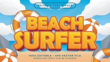 efeito de texto 3d de surfista de praia e efeito de texto editável com ilustração de fundo de praia