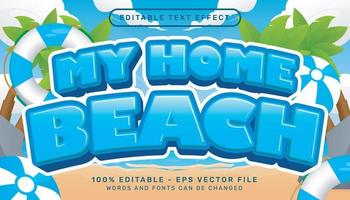 meu efeito de texto 3d de praia em casa e efeito de texto editável com ilustração de fundo de praia vetor