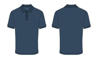 camisa polo de manga curta moda esboço plano ilustração vetorial azul marinho modelo de cor vistas dianteiras e traseiras isoladas no fundo branco. vetor
